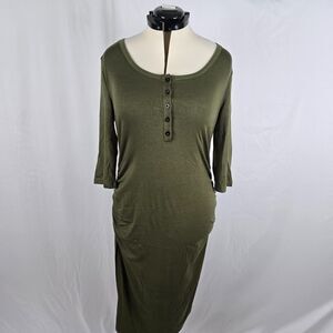 Coolmee Dress Women's L Green Midi Long Sleeve Buttons Long Sleeve Round Neck